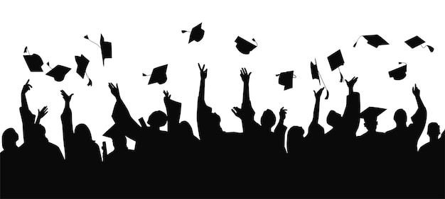 Crowd of graduates in mantles throwing up graduation caps Premium Vector